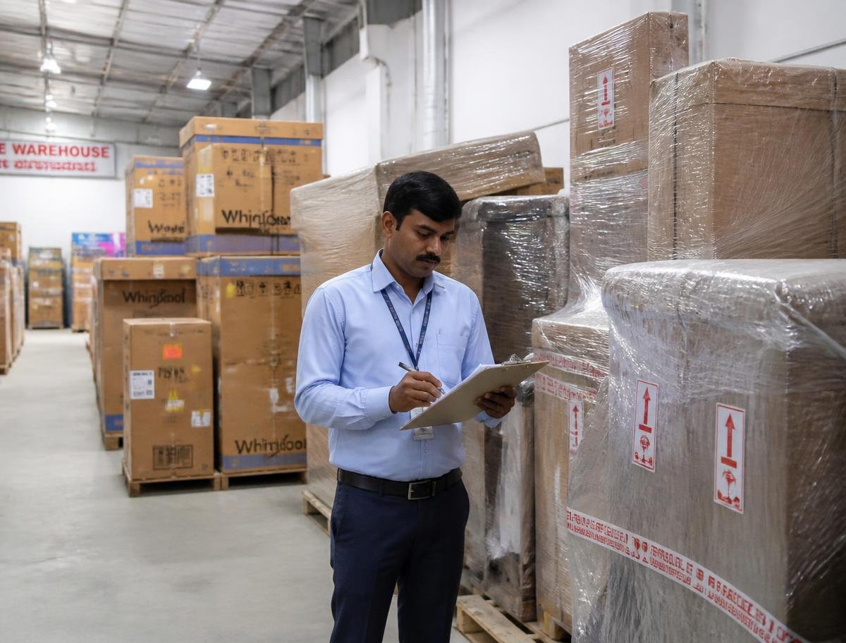 Labelled cartons stacked on pallets inside the Gati storage warehouse
