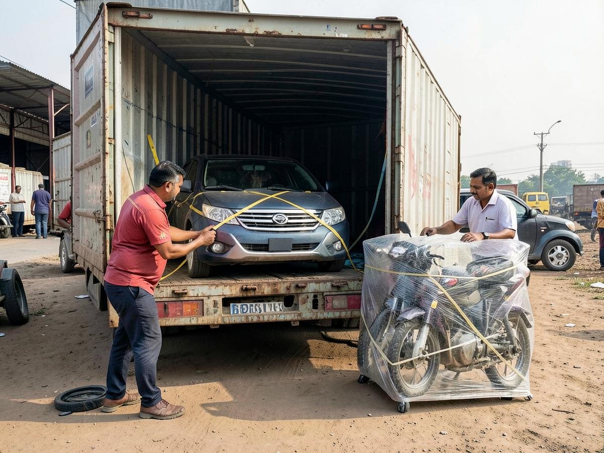 Movers strapping a car inside a closed carrier with a crated motorcycle alongside