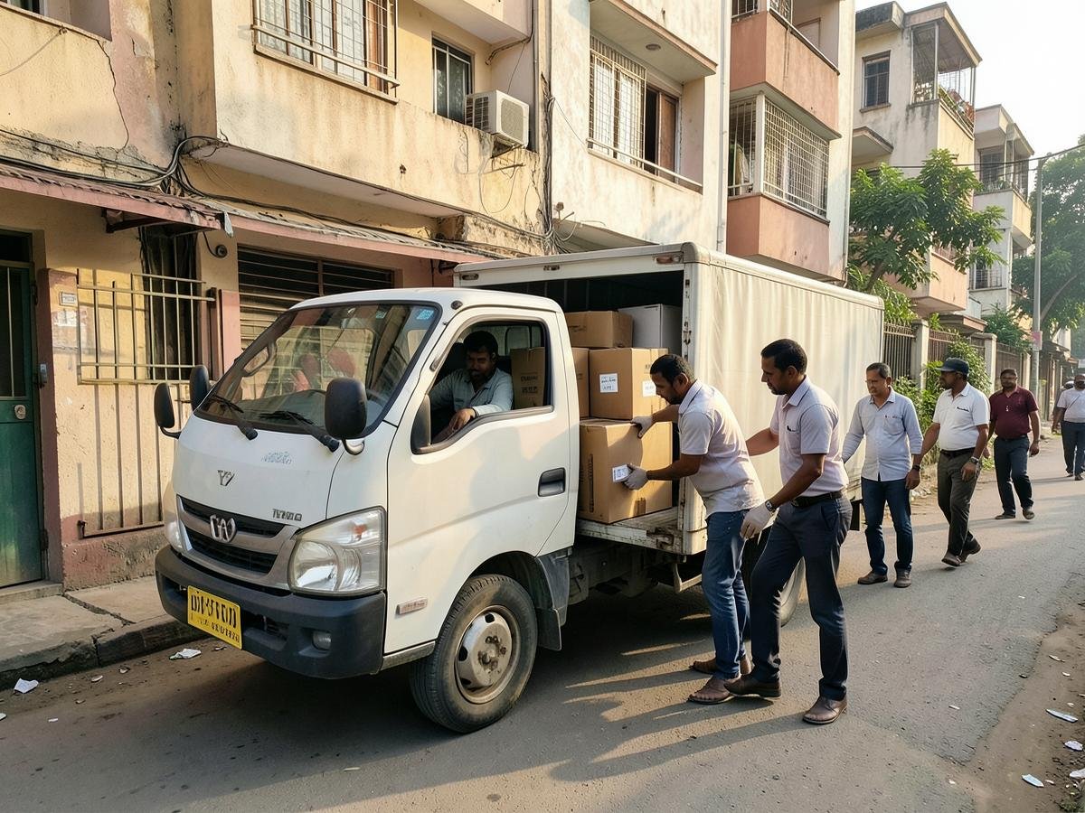 Workers loading labelled cartons and a refrigerator into a Tata Ace tempo outside an apartment